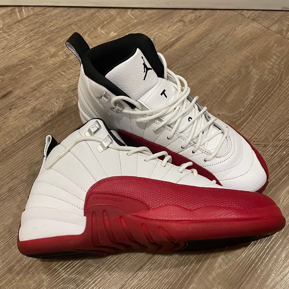 Jordan 12 Retro Cherry Boys Size 7Y White Red Leather Shoes Style 153265-116